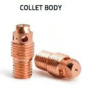 Two small, cylindrical Lincoln COLLET BODY (.040) (5 QTY) KP2031-2B1 copper components with side holes and threading are shown; one stands upright, the other lies horizontally. Both are labeled “Collet Body.”.