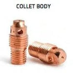 Two Lincoln COLLET BODY (.040) (5 QTY) KP2031-2B1 copper cylindrical collet bodies with threaded ends and multiple side holes are shown standing and lying down on a white background, with the text COLLET BODY above.