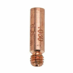 A close-up of a copper contact tip with a threaded end, designed for the Magnum 100L Gun, featuring engraved text .030 and 0.8mm indicating wire size compatibility.