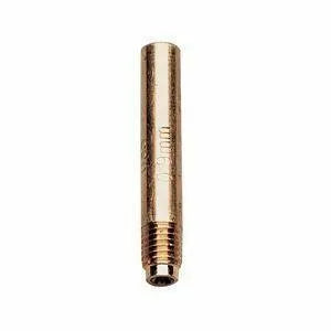 A brass contact tip for a Magnum 100L gun, featuring a threaded end and sized for .035 inch wire, isolated on a white background.