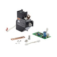 A black electrical solenoid with warning label sits next to a green circuit board, copper strip, white wire connectors, and hardware—components of the Lincoln Contactor Kit K938-1—arranged on a white background.