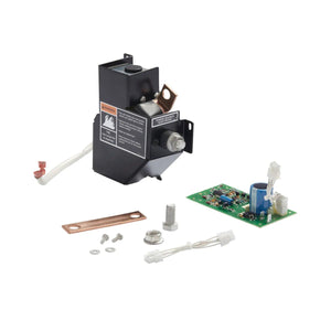 A black electrical solenoid with warning label sits next to a green circuit board, copper strip, white wire connectors, and hardware—components of the Lincoln Contactor Kit K938-1—arranged on a white background.