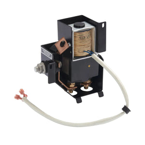 A close-up of the Lincoln Contactor Kit K938-1, showing its cylindrical coil, metal connectors, insulated wires with exposed copper ends, all mounted on a black metal bracket with bolts and a white cable extending from it.