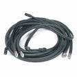 A coiled bundle of thick black electrical cables, including a 26 ft (8 m) Lincoln Control to Head Extension Cable K235-26, features multiple connectors—some circular with blue accents and others with exposed wire tips in transparent sleeves.
