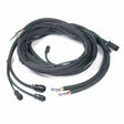 A neatly coiled bundle of thick black electrical cables, including a Lincoln Control to Head Extension Cable 26 ft (8 m) K335-26, featuring exposed copper wire ends and multiple black connector plugs, lies on a white surface with overlapping loops.