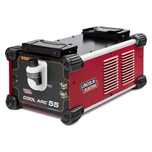 The Lincoln Cool Arc 55 Water Cooler K3086-1, shown in red and black on a white background, features corner bumpers, vented sides, top handles, a front fluid reservoir panel with connectors and control label; fits Power Wave S-Series.