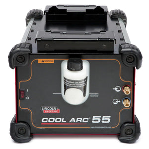 Front view of the Lincoln Cool Arc 55 Water Cooler K3086-1, designed for Power Wave S-Series. Features a central white reservoir with warning label, two brass connectors, left-side power switch, and sturdy frame with corner protectors.