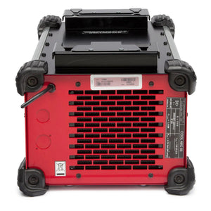 A red and black Lincoln Cool Arc 55 Water Cooler K3086-1, seen from the back, features a large vent grill, four rugged corner protectors, a plug socket, ID labels, and a barcode. The sturdy surface suggests durable construction.