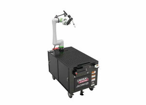 Lincoln Cooper CRX-10iA/L A/C WB Welding Cobot Cart with articulated arm, welding tool, and Lincoln Electric control unit.