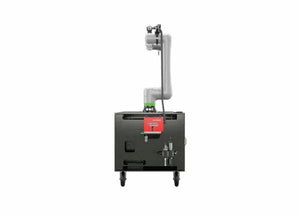Lincoln Cooper CRX-10iA/L A/C WB Welding Cobot Cart with gray robotic arm, black base, red control panel—welding automation tool.