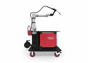 Lincoln Cooper CRX-10iA/L Air-Cooled Welding Cobot Cart AD2489-8, red and black mobile robotic welding equipment with torch.