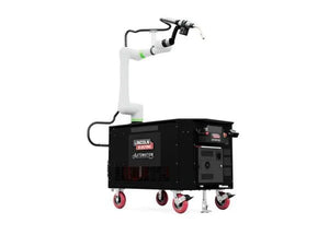 Lincoln Cooper CRX-10iA/L Aluminum Welding Cobot Cart—robotic arm on wheeled base for automated aluminum welding equipment tasks.