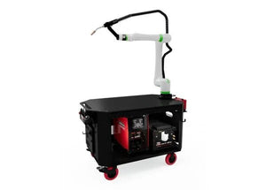 Lincoln Cooper CRX-10iA/L Water-Cooled Welding Cobot Cart with Power Wave R450, white robotic arm, red wheels, mobile welding equipment.