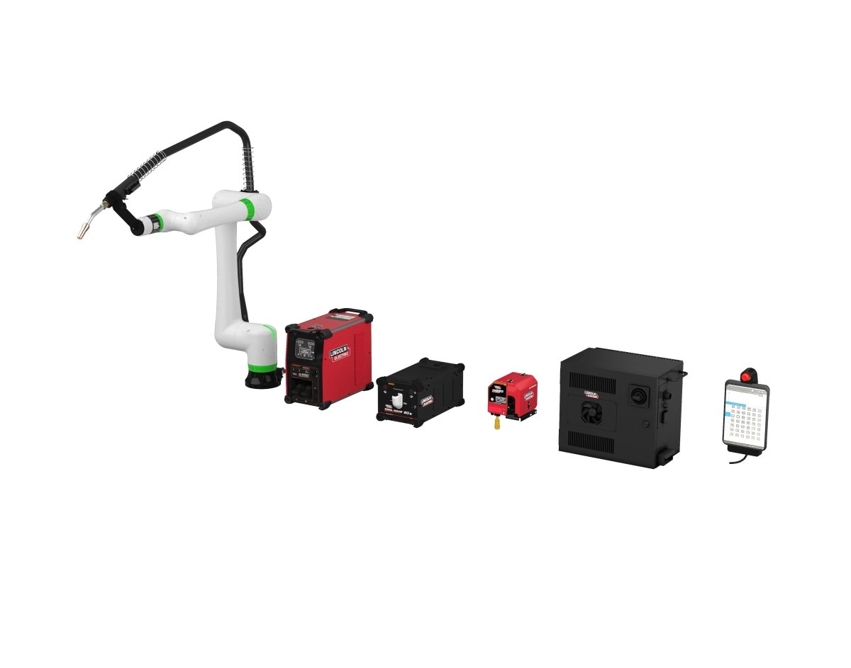 Lincoln Cooper CRX-10iA/L Water-Cooled Welding Cobot Package AD2495-10 with torch, controls, and remote on white at WeldingMart.