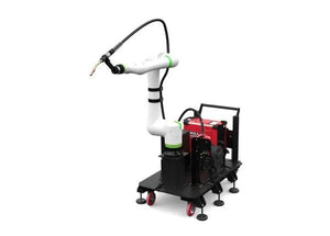 Lincoln Cooper CRX-25iA Air-Cooled Welding Cobot Cart with white robotic arm, green accents, control unit, and welding equipment.