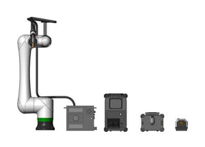 Lincoln Cooper CRX-25iA Aluminum Welding Cobot Non-Cart Package connected to four control units on white background.