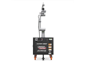 Lincoln Cooper GoFa-10 A/C WB Welding Cobot Cart with gray cobot arm, black wheeled base; pro welding automation tool.