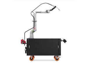 Lincoln Cooper GoFa-10 Air-Cooled Welding Cobot Cart on black wheeled cabinet with tool; top WeldingMart automation equipment.