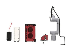 Lincoln Cooper GoFa-10 Air-Cooled Welding Cobot AD2501-9 equipment: battery, control unit, red box, gripper, arm on white.
