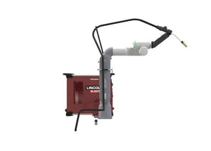 Lincoln Cooper GoFa-10 W/C WB Welding Cobot AD2501-13 with robotic arm and torch, linked to red welding machine for automation.