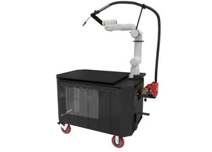 Lincoln Cooper GoFa-5 Air-Cooled Welding Cobot Cart AD2501-1 with torch, black cart, red wheels—advanced welding equipment.