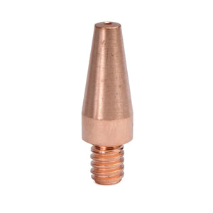 A close-up of a Copper Plus contact tip with a threaded base and conical shape, Magnum PRO compatible, standing upright against a white background.