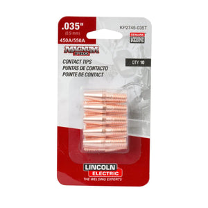 Shown is a 10-pack of Lincoln Copper Plus Contact Tip 550A, Tapered, 0.035 in (KP2745-035T). Packaging features MAGNUM PRO, “.035 in (0.9 mm),” and the Lincoln Electric logo in three languages.