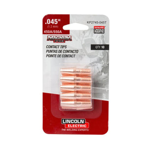 A blister pack of 10 Lincoln Copper Plus Contact Tip 550A, Tapered, 0.045 in (KP2745-045T) features red and white packaging labeled 0.045 in (1.2 mm) and 450A/550A, with the Lincoln Electric logo for authenticity.