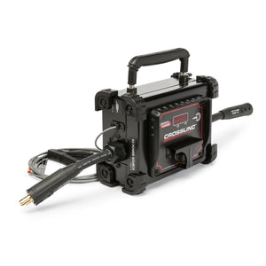 The Lincoln CrossLinc Remote K4345-1 is a black and red portable welding wire feeder with a handle, digital display, control knob, and attached cables, offering convenient remote welding output control.