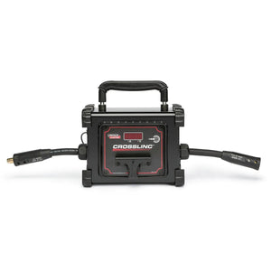 The Lincoln CrossLinc Remote K4345-1 is a black industrial machine with a digital display, labeled controls, sturdy handle, and dual cables. Designed for welding output control, this durable remote features rugged construction on a white background.