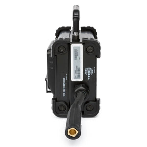 Close-up of the Lincoln CrossLinc Remote K4345-1, a black device with top handle, bottom hose connection, and central digital display labeled TO ELECTRODE—a remote delivering welding output control for industrial applications.