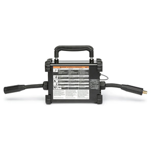 A portable black Lincoln CrossLinc Remote K4345-1 pressure washer with a sturdy top handle and two side hoses, featuring a large front label displaying warnings, instructions, and safety icons similar to typical welder remote devices.