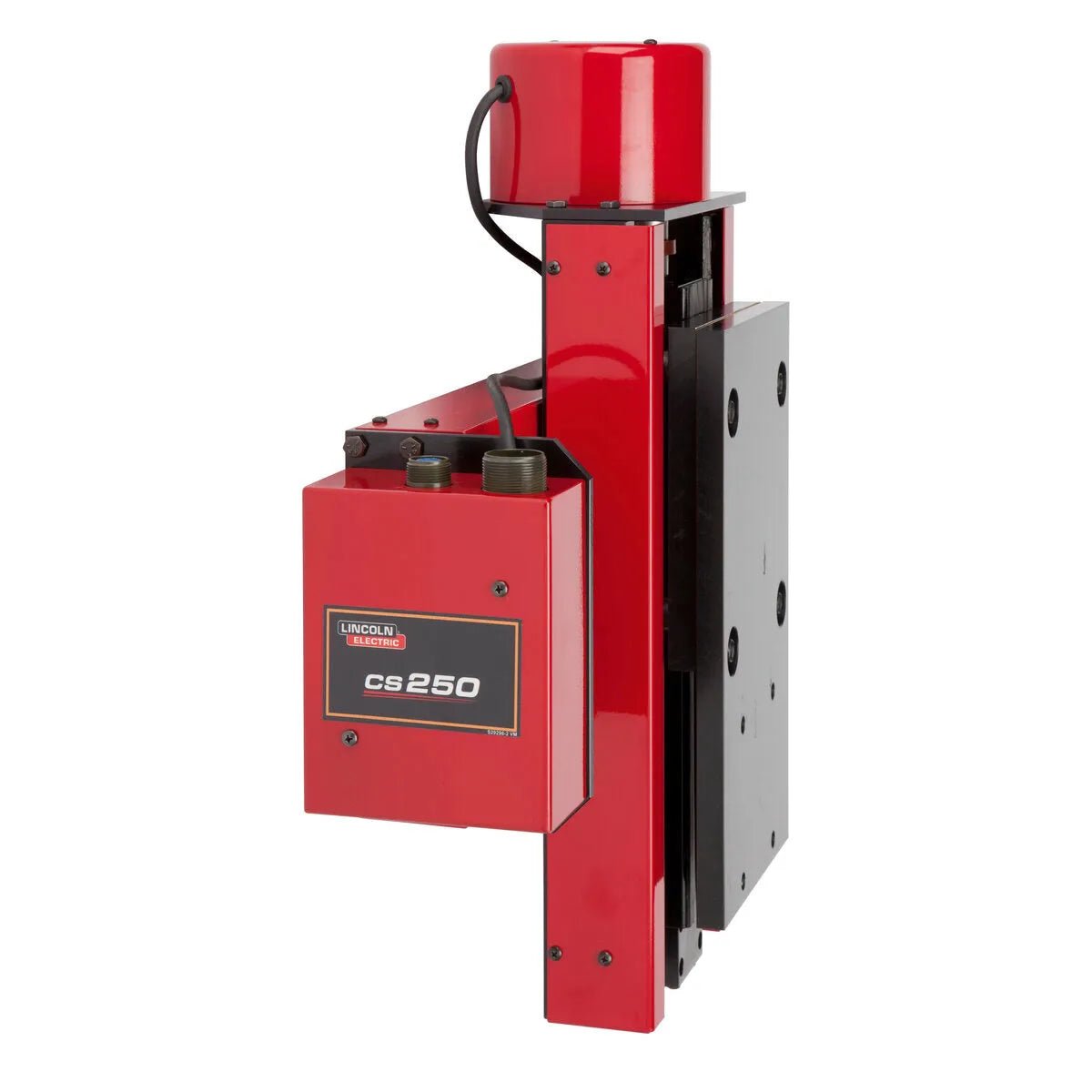 A red, rectangular Lincoln CS250 10 x 10 Cross Slide Assembly K52014-1010 features a black and white label, control knobs on top, attached black cables, and a vertical orientation. Its designed for heavy-duty welding automation. White background.
