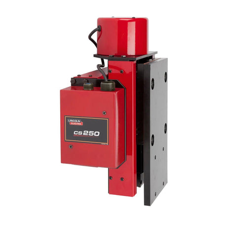 A red and black Lincoln CS250 5 x 5 Cross Slide Assembly (K52014-0505), with a rectangular body, top chamber, attached wires, and side mounting plate—perfect for hard automation or submerged arc welding.