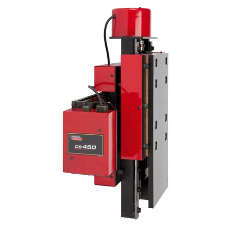 The Lincoln CS450 10 x 10 Cross Slide Assembly K52015-1010 is an industrial machine for submerged arc welding, featuring red housing, top cylindrical parts, metal rails, black panels, wires, and mechanical components.
