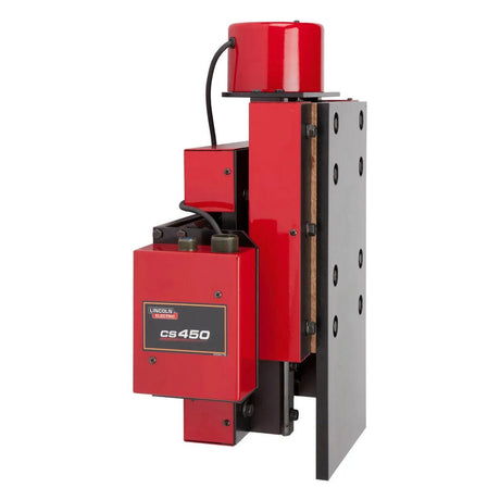 The Lincoln CS450 5 x 5 Cross Slide Assembly K52015-0505 is a red industrial machine part with black and silver components, insulated wires, and a black mounting plate—designed for hard automation or submerged arc welding systems.