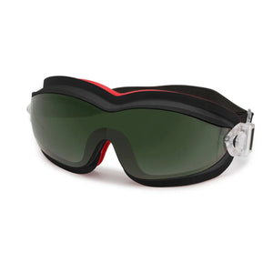 Lincoln Shade 3 welding goggles K3118-2 with dark green lenses, black/red frame, ANSI Z87.1 certified—WeldingMart safety gear.