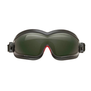 Lincoln K3118-2 Shade 3 welding goggles, black frame, dark lenses, adjustable straps, ANSI Z87.1, on white background.