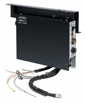 The Lincoln CV ADAPTER SAE-400/SAE-500 K385-2 is a black metal control box with panel-mounted knobs, switches, and multicolored wires, designed for semiautomatic wire welding requiring constant voltage output.