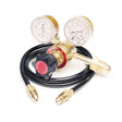 Lincoln Deluxe Adjustable Gas Regulator & Hose Kit K586-1 for CO2/Argon welding, dual gauges, brass fittings, black hoses.