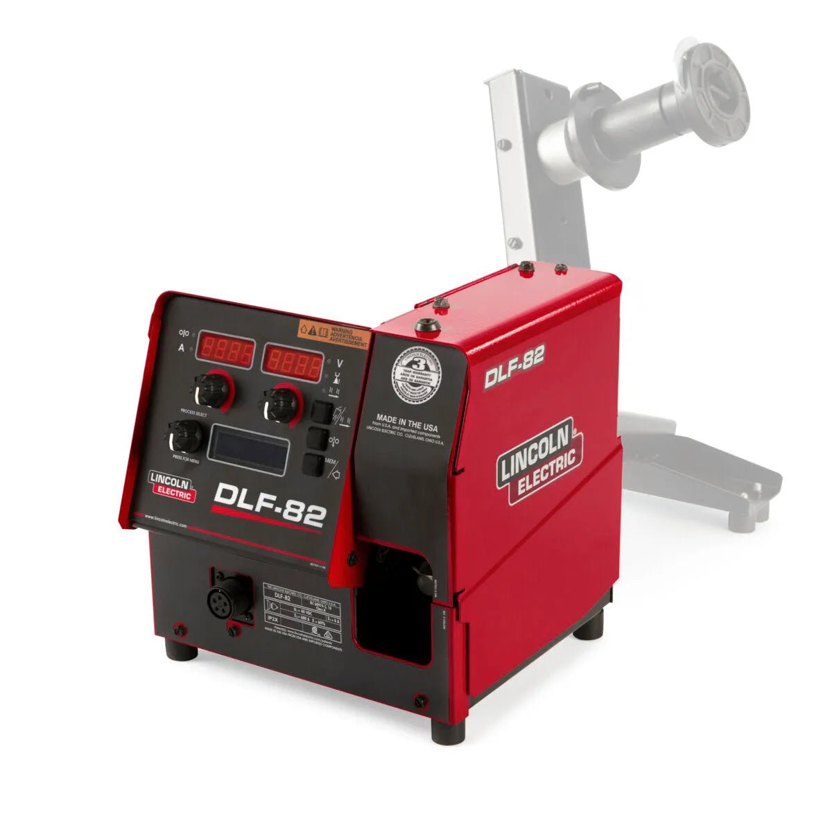 The Lincoln DLF-82 Base Model K5282-1 wire feeder, in red and black, has digital displays, front-panel controls, a semi-transparent light grey spool holder at the back, and is compatible with Flextec power sources.
