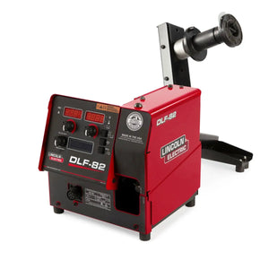 The Lincoln DLF-82 Bench Model Wire Reel Stand K5282-2 is a compact, red wire feeder with digital displays, control knobs, and a top spool holder. Designed for Flextec power sources, it supports Pulsed MIG welding and features black accents.