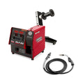 A red and black Lincoln DLF-82 Bench Model wire feeder with display screens, control knobs, and branding. An unattached black cable with connectors is in front, and the wire reel stand extends from the top. Includes Welding Gun K5282-3.