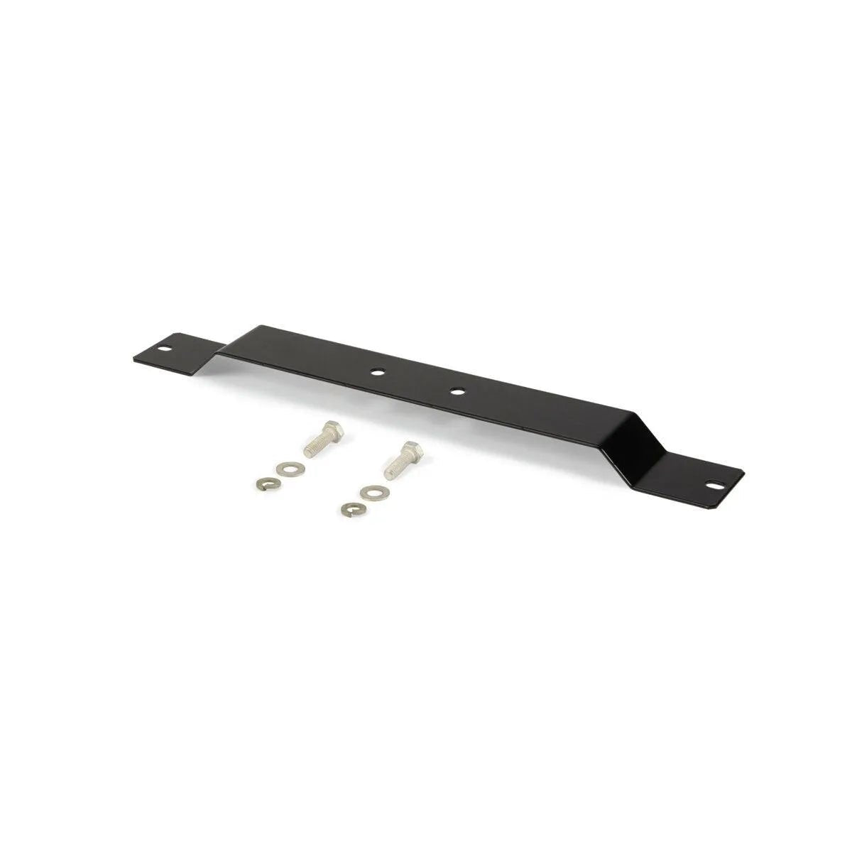 The Lincoln DLF-Feeder Cart Mounting Bracket K5395-1 is a black metal bracket with two bent ends and three center holes, including two silver bolts, washers, and nuts—perfect for securing a wire feeder or mounting to a DLF feeder cart.