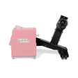 A black arm for 60-lb spools extends rightward from a pink-tinted, partially transparent Lincoln DLF-Feeder Wire Reel Stand K5284-1, with emphasis on the arm and spool holder and the case faded in the background.