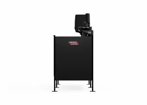 Side view of the Lincoln Double Weld Booth Fume Extraction One-Pak 5x5 ft. K5563-2, a black industrial welding machine with a red and white logo on a tall rectangular body, designed for Prism Wall Mount Fume Extraction. Plain white background.
