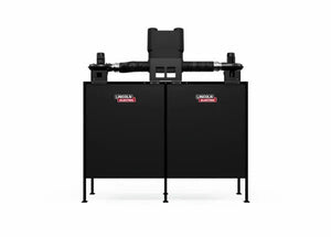 The Lincoln Double Weld Booth Fume Extraction One-Pak 5x5 ft. K5563-2 is a large black industrial machine with two “Lincoln Electric” panels, two horizontal fan-topped pipes, a central vertical unit, and four legs against a plain white background.