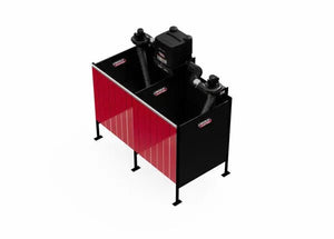 The Lincoln Double Weld Booth Fume Extraction One-Pak 5x5 ft. (K5563-2) is a large, two-section industrial machine with black and red panels, featuring dual fume extraction booths and connected components. Shown on a plain white background.