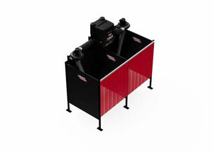 The Lincoln Double Weld Booth Fume Extraction One-Pak 5x5 ft. (K5563-2) features two workstations with panel enclosures and a Prism Wall Mount Fume Extraction unit with dual arms above the divider for efficient fume removal, while sides and floor remain open.