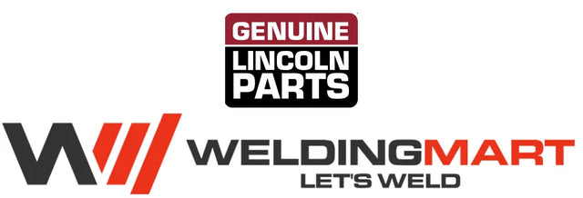 Logo for WeldingMart with the tagline “LET’S WELD” and a square emblem above reading “GENUINE LINCOLN PARTS,” featuring references to OEM T4893-3 on a bold red and black background in white text.